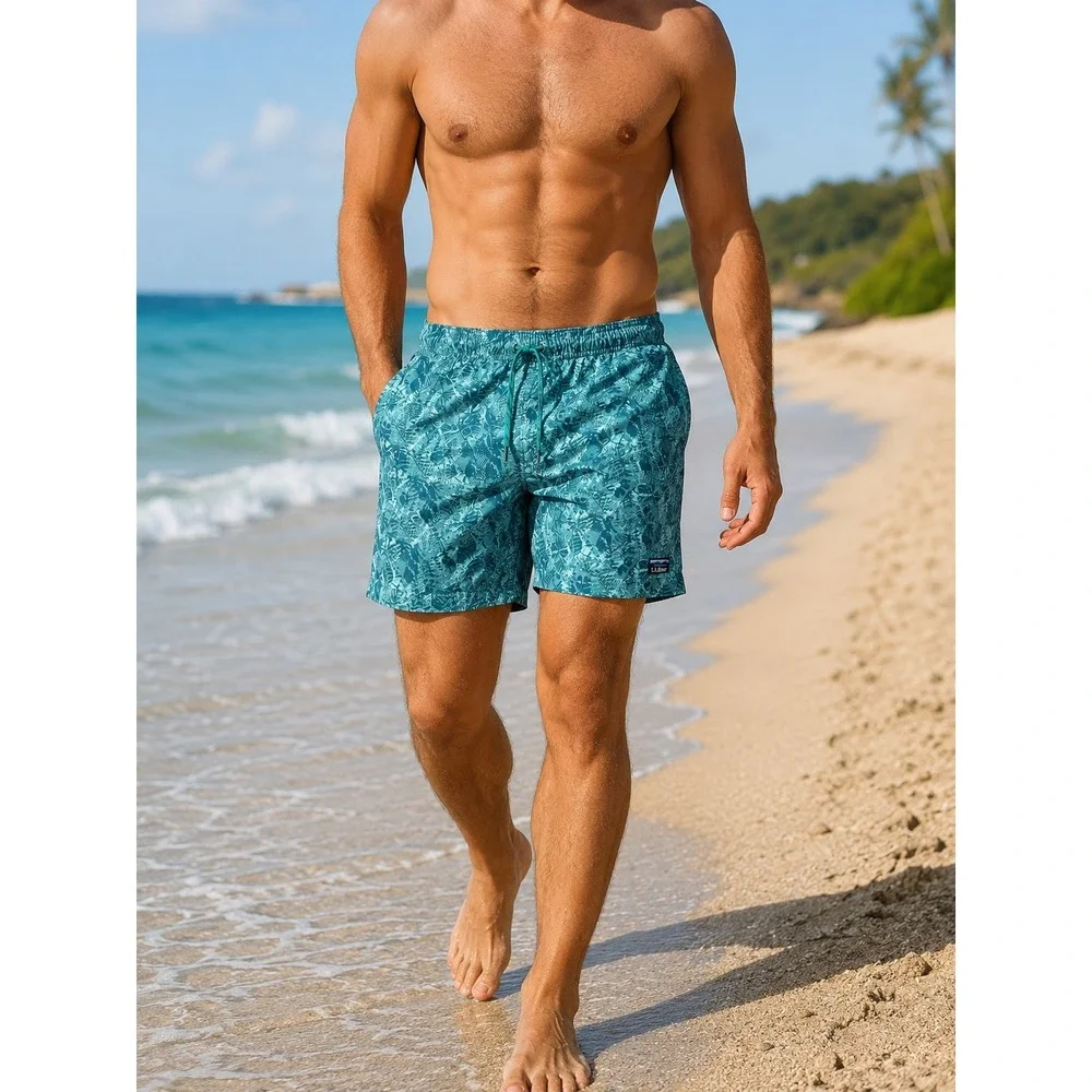 LL Bean Mens Large Teal Tropical Floral Swim Trunks Board Shorts 8 Inseam